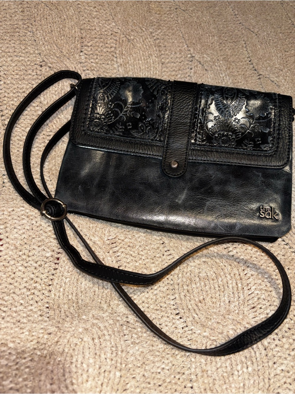 The Sak Black Tooled Leather Crossbody Bag Floral Embossed